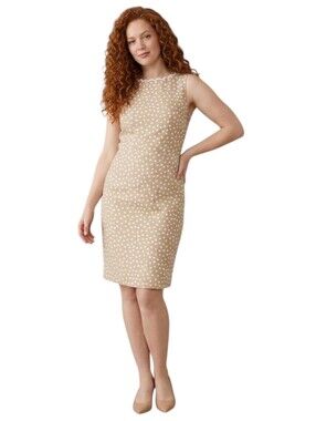 Ann Taylor Dotted Scallop Neck Sheath Dress size 12 Textured Cotton Camel Tan